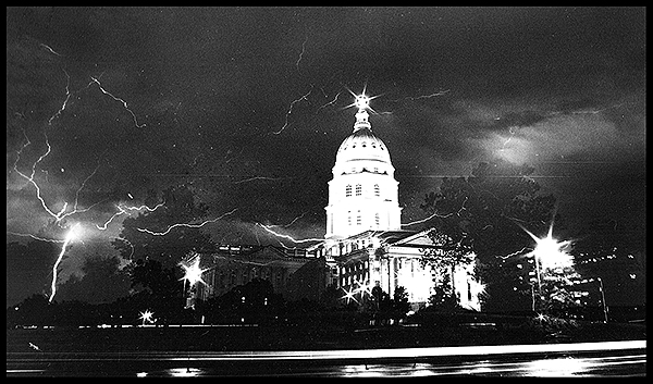 Topeka State Capitol Building with a lightning strike Capitol with lightning